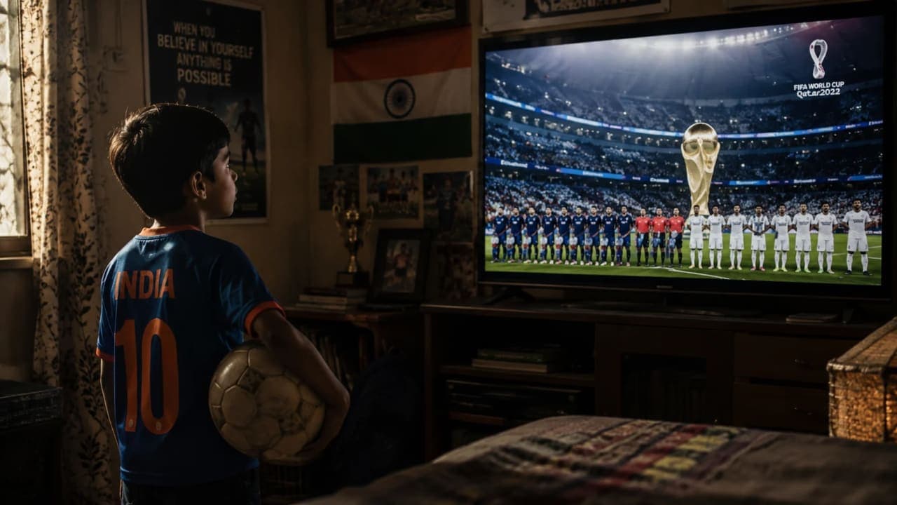 Indian child holding a football while watching a World Cup match on television.