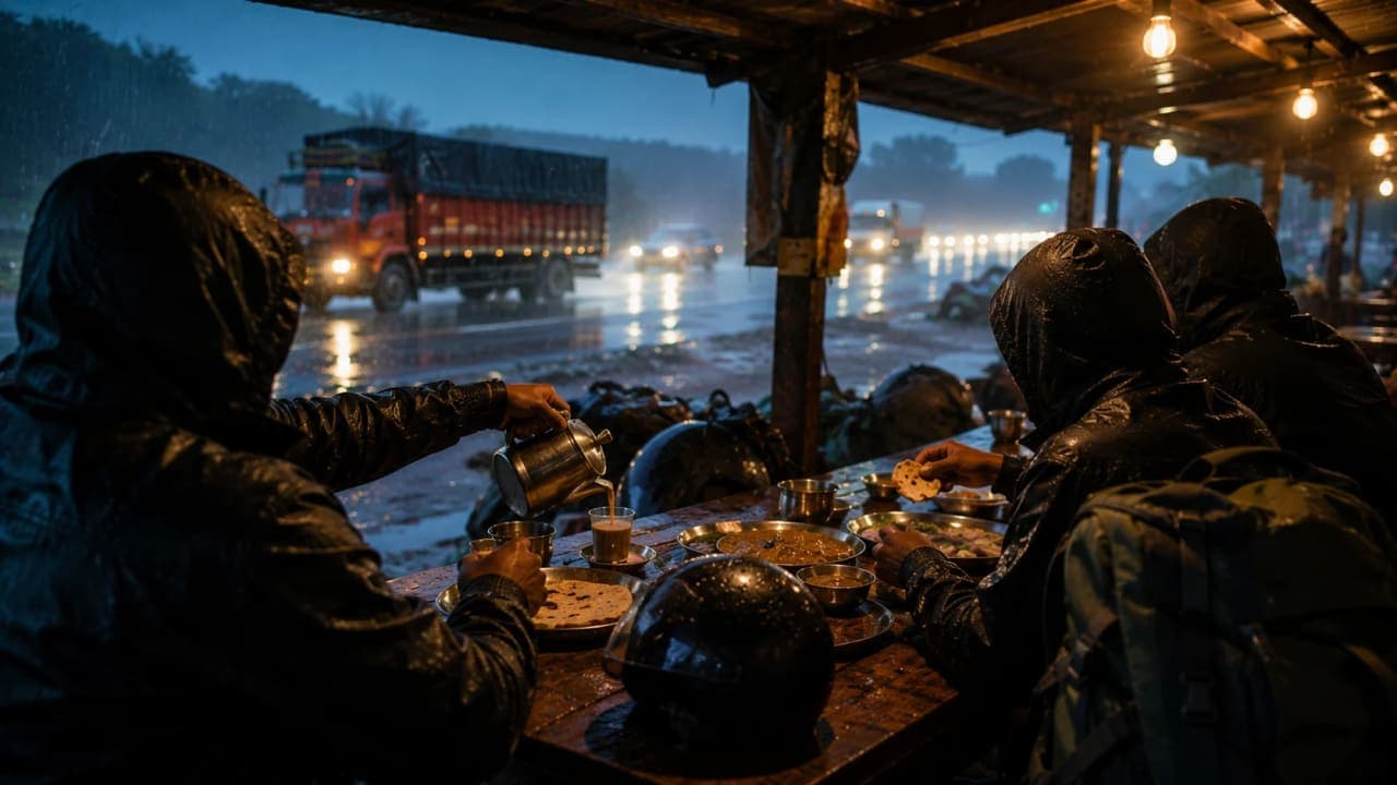 Friends sharing food at a roadside restaurant during a rainy journey.