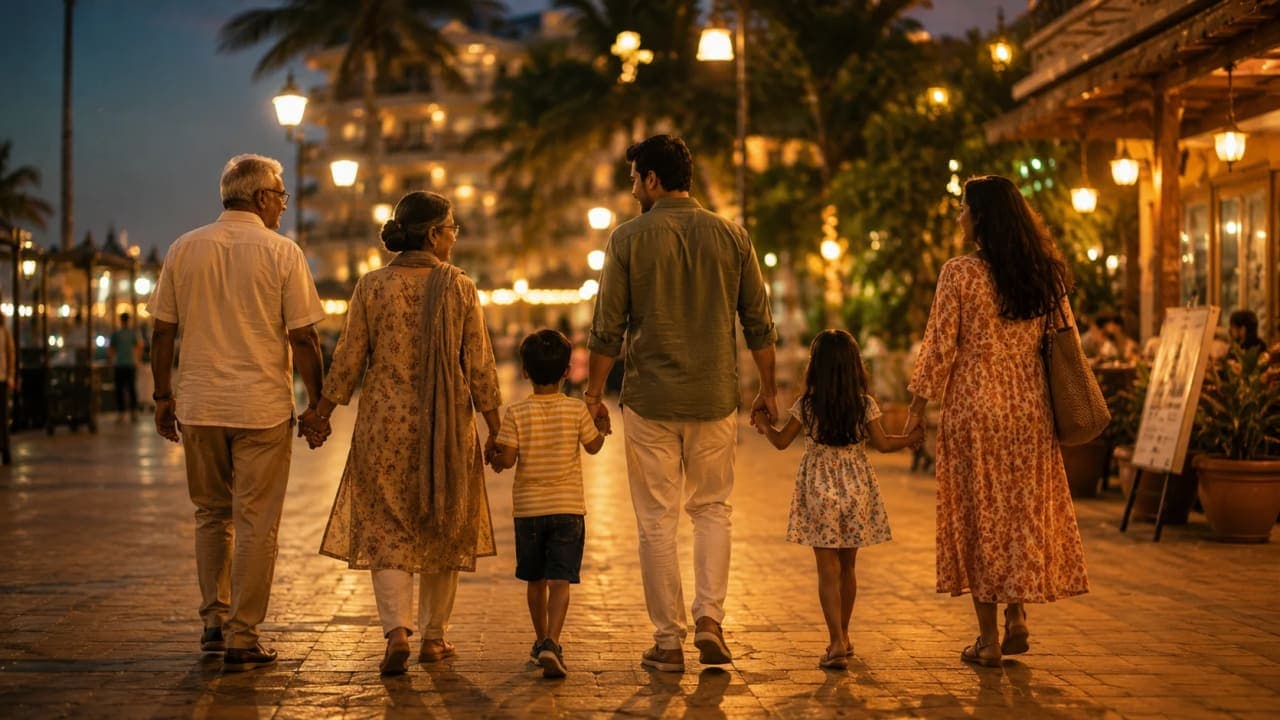 Three generations of a family walking together on a vacation evening.
