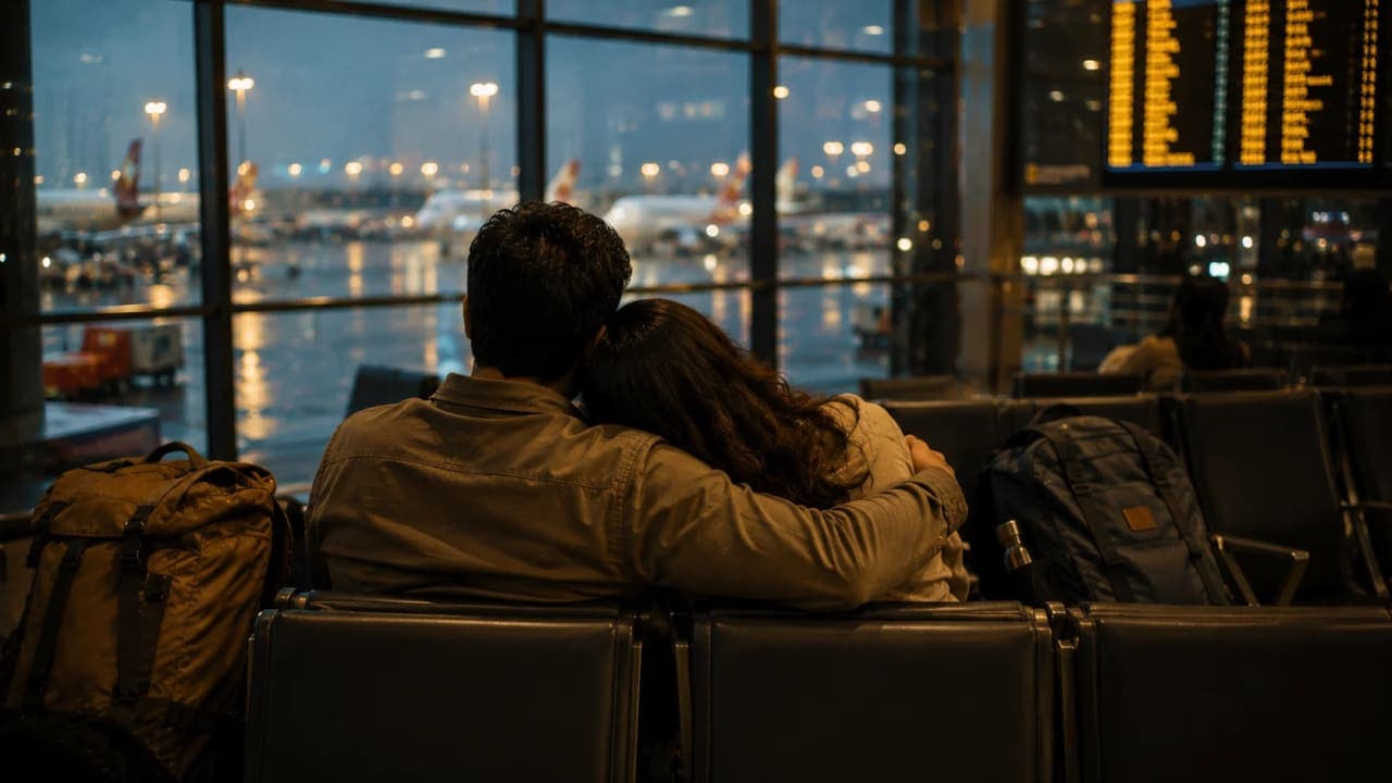 Couple sitting together in an airport waiting area with travel bags.