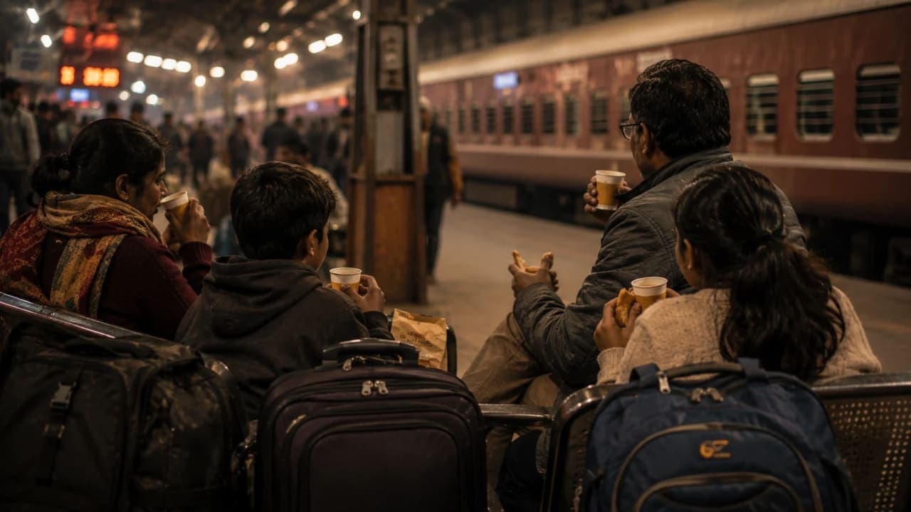 Family sharing tea and snacks while waiting at a railway station.