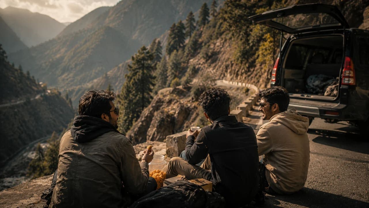 Friends sharing a quiet laughing moment during a road trip stop.