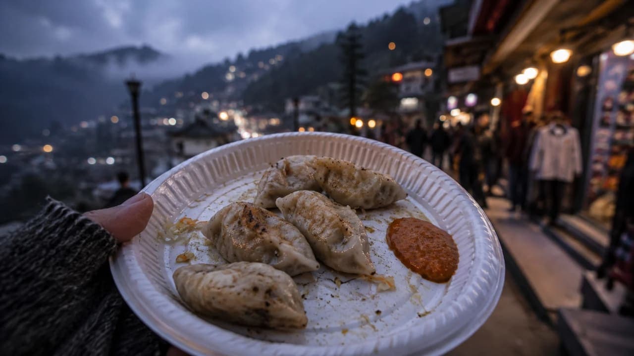A plate of street momos with chutney held against the backdrop of a chilly evening in Shimla's bustling market.