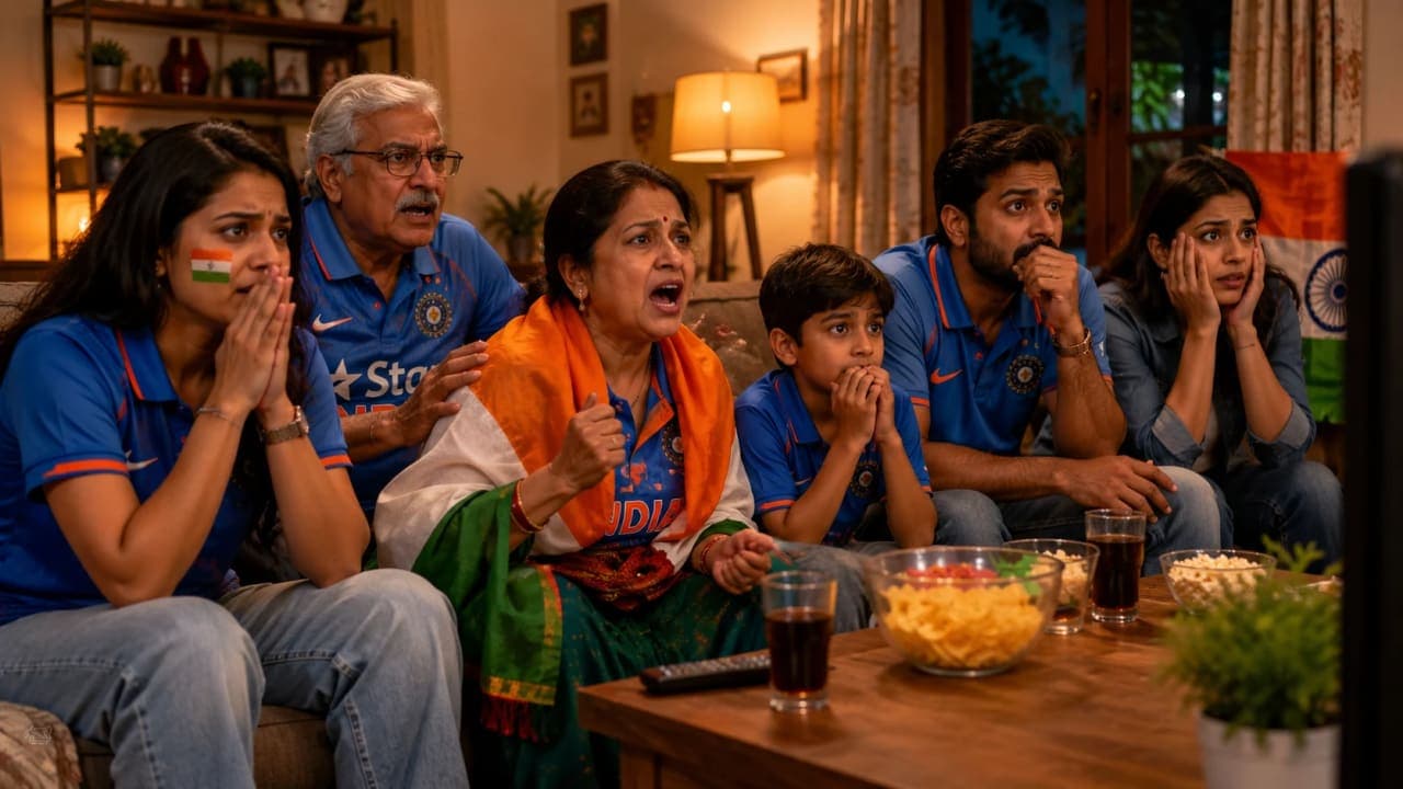 An Indian family watching a cricket match together at home.