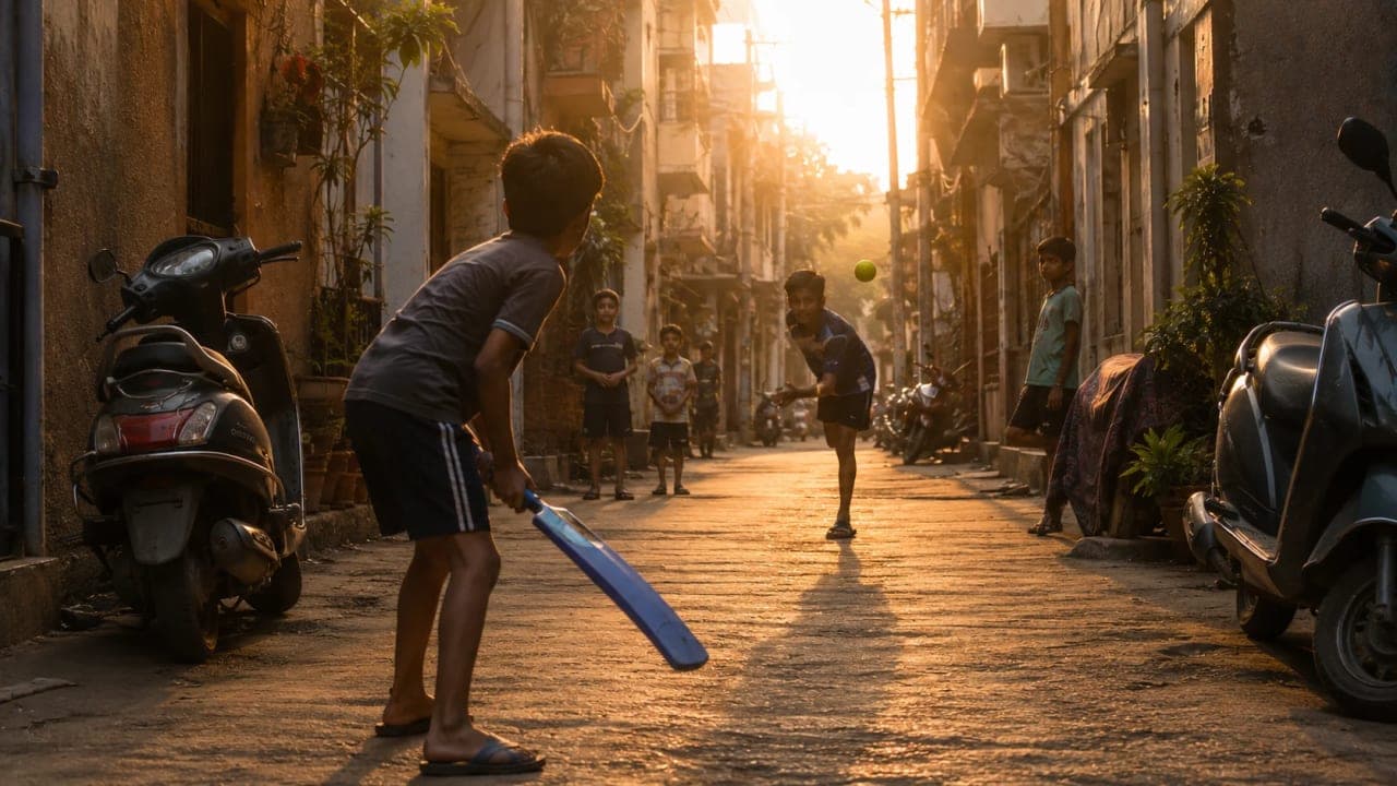 Children playing gully cricket in an Indian lane.