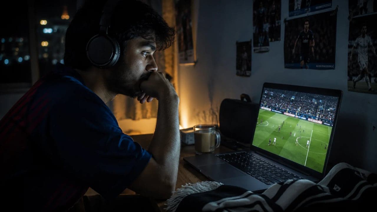 An Indian football fan watching a late-night match alone.