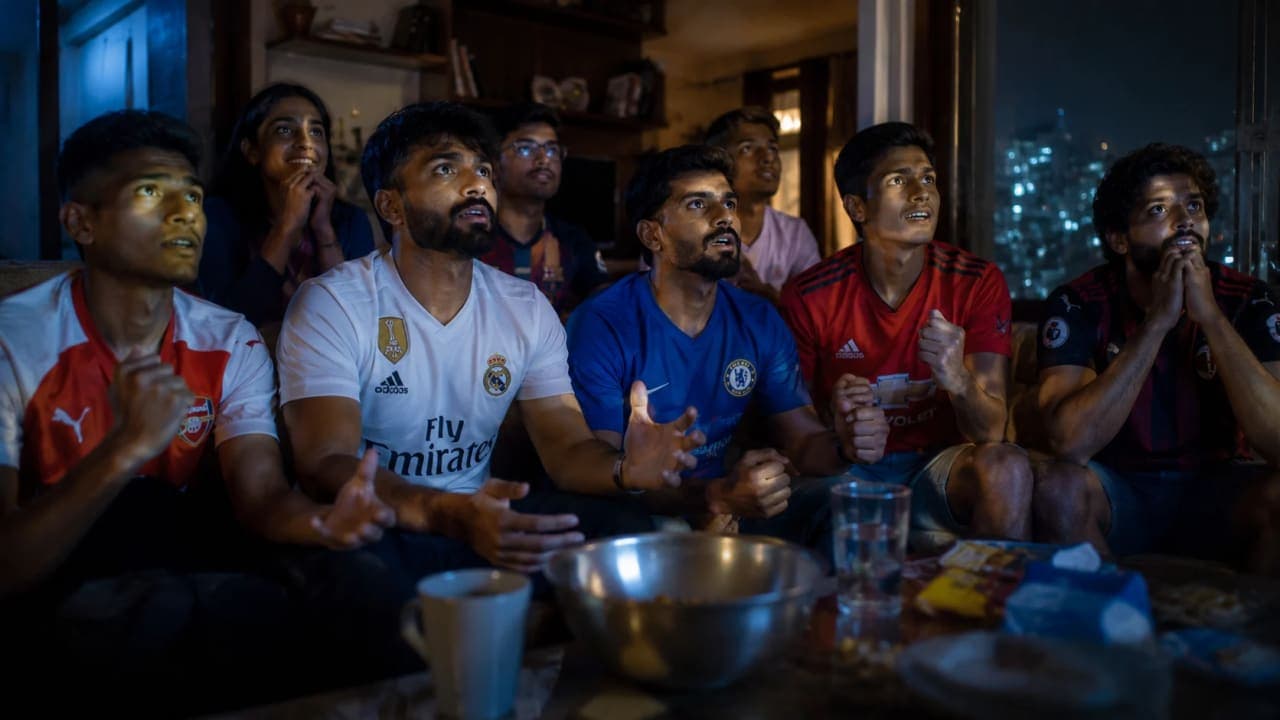 Indian fans watching a European club football match at night.