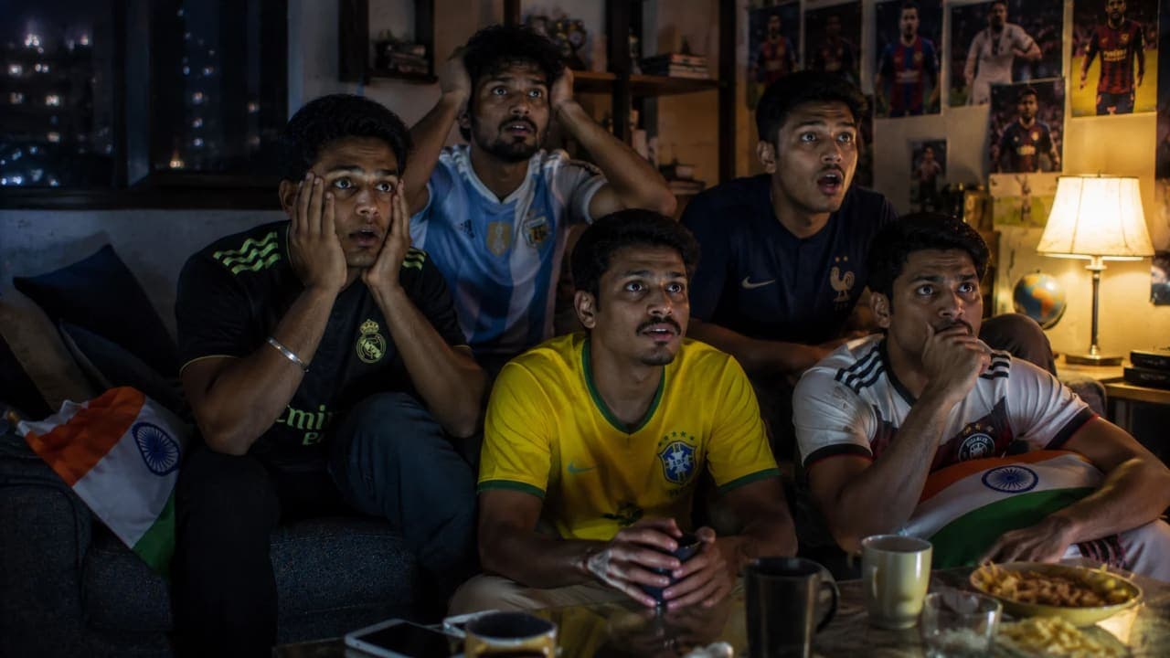 Indian friends watching a FIFA World Cup match late at night.