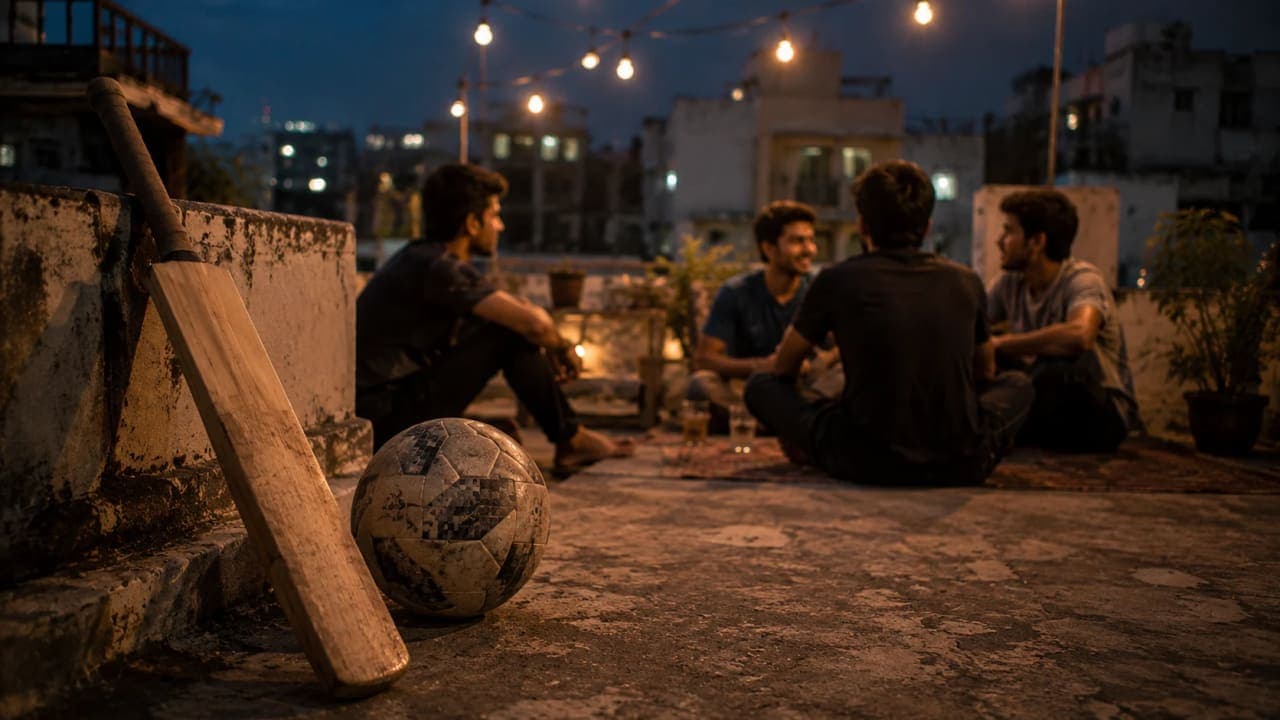 A cricket bat and football placed together on an Indian terrace.