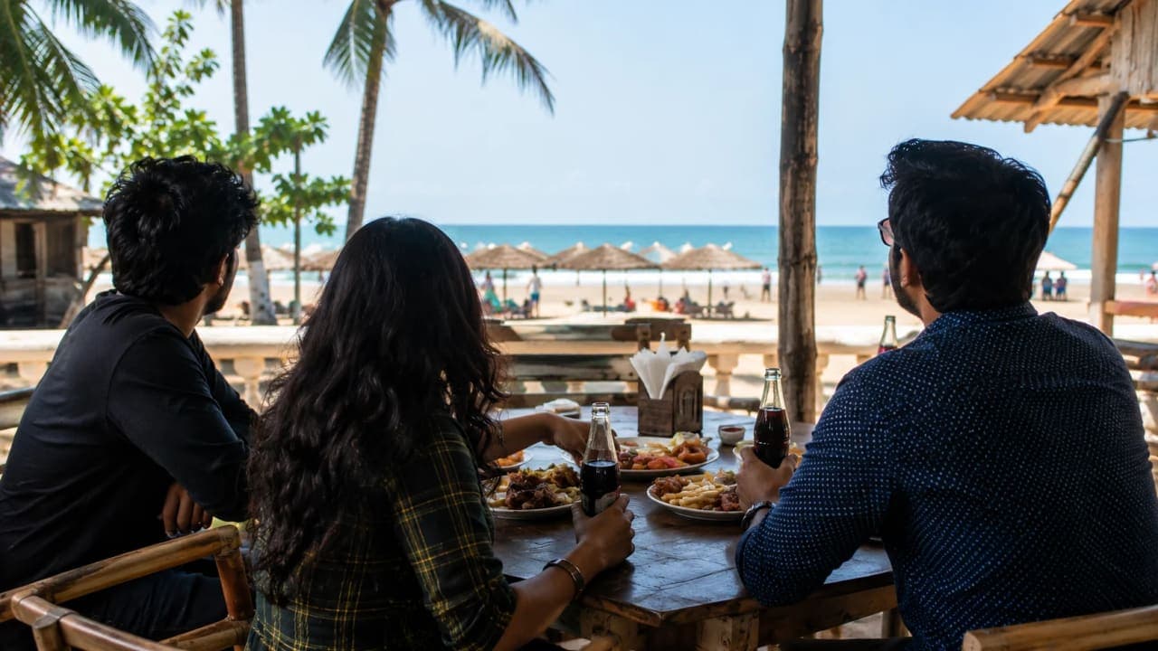 Friends eating food and drinking soda near Paradise Beach before going to the water.
