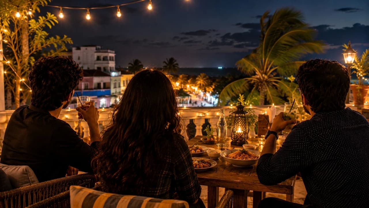 Friends enjoying a terrace dinner party in Pondicherry at night.