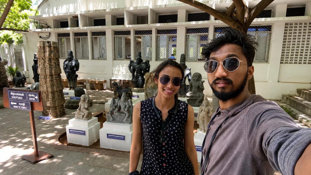 Sculptures and historic displays of museum gallery in Puducherry.