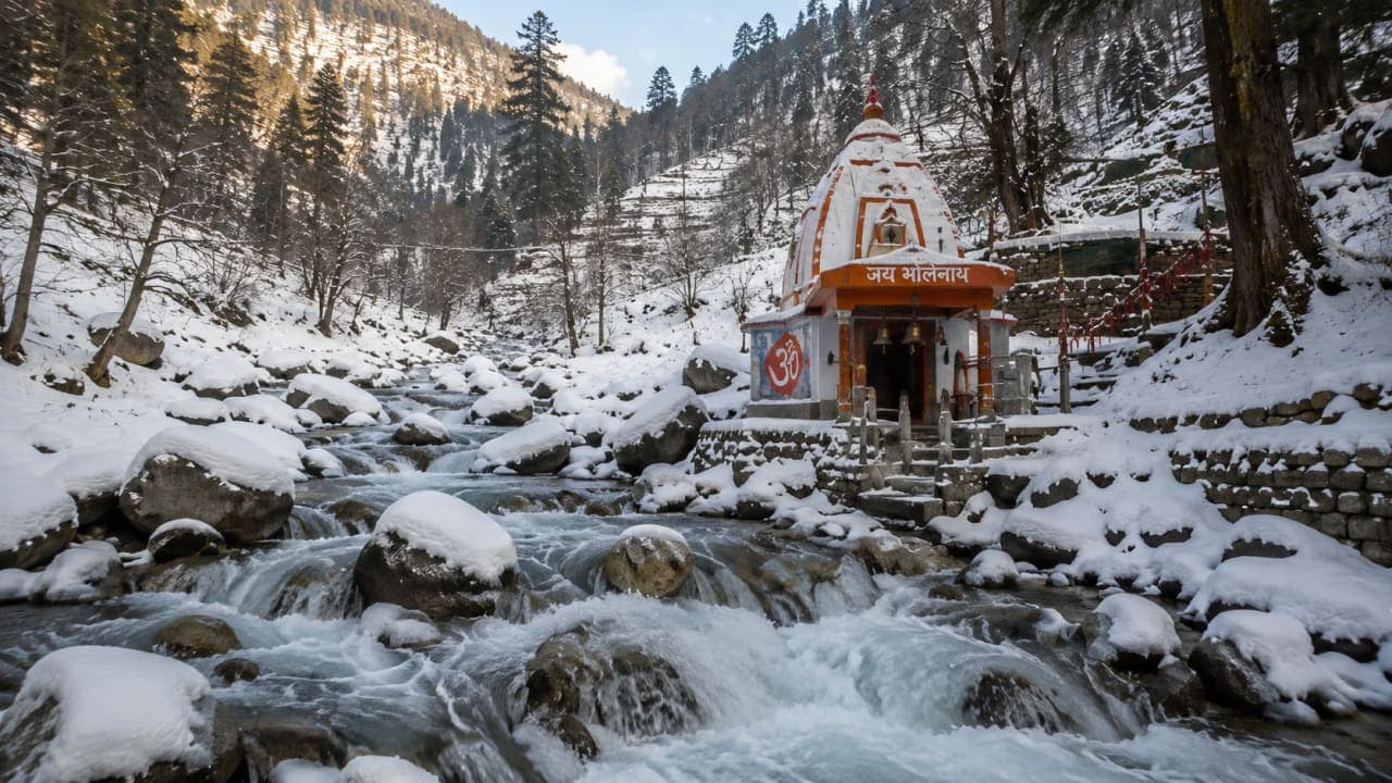 Small Hindu shrine near flowing water and snowy mountains.