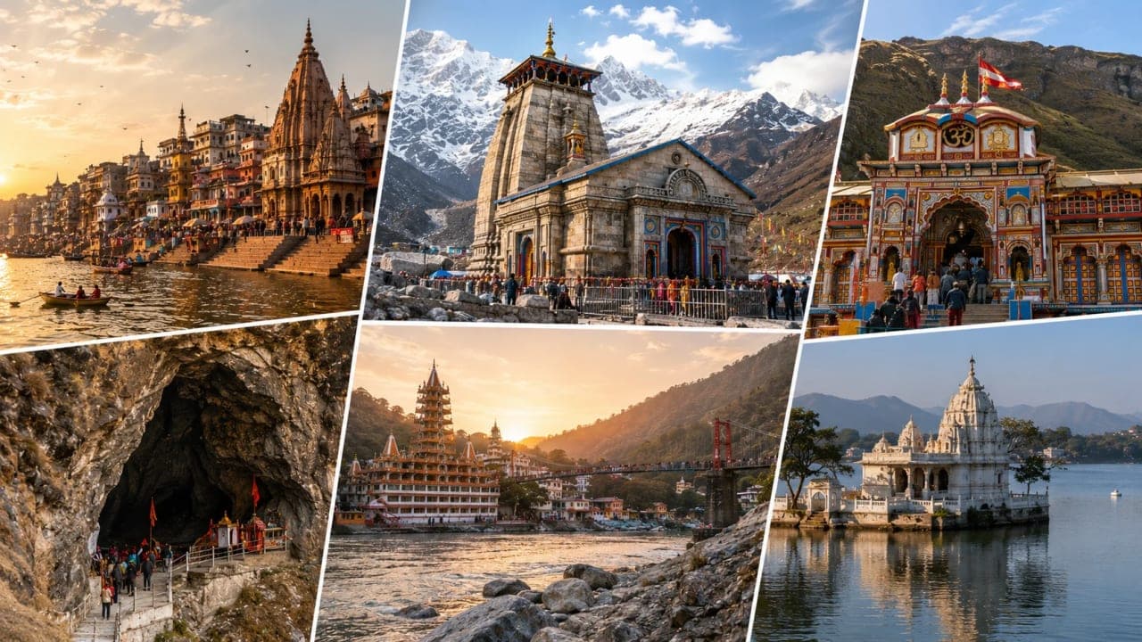 Indian temples in different natural settings including rivers, mountains and caves.