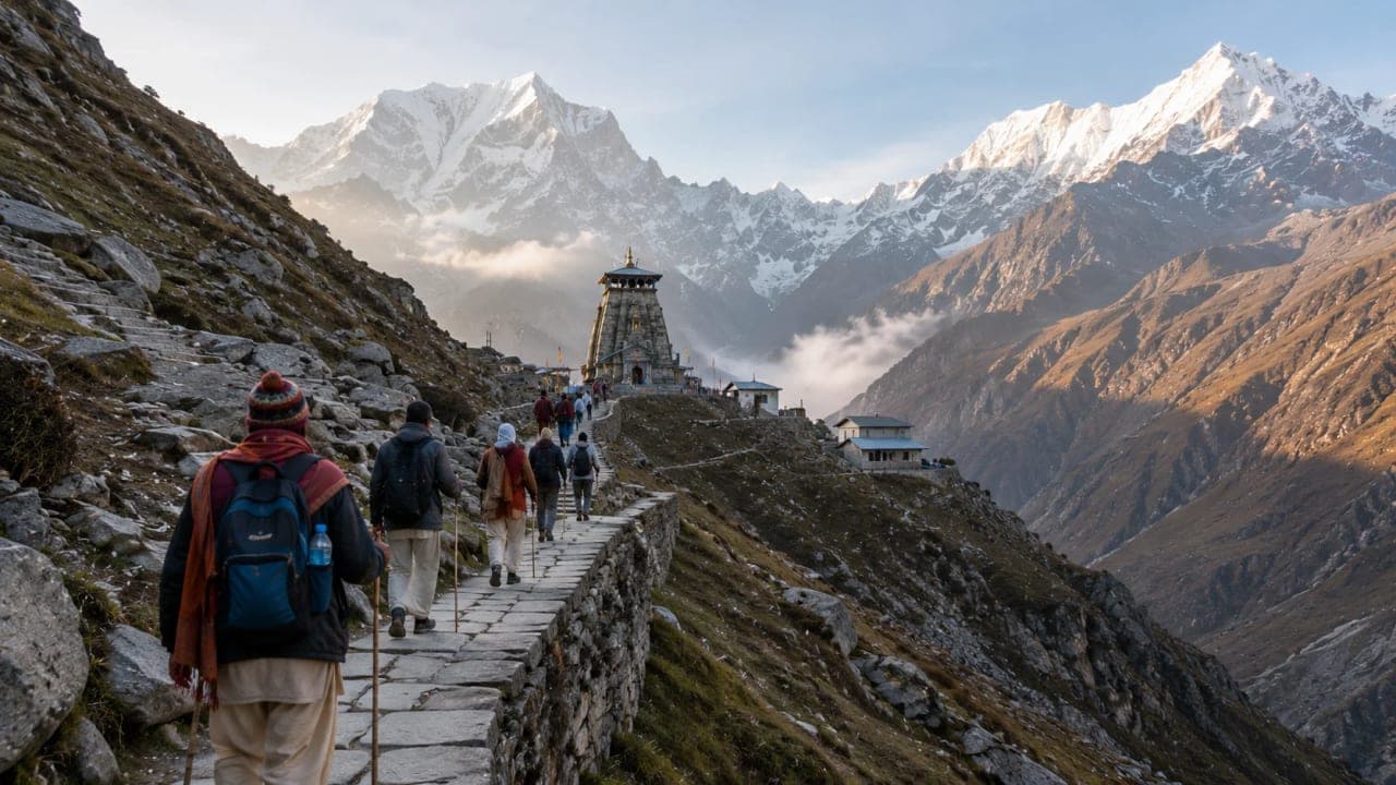 Pilgrims walking toward a mountain temple in the Himalayas.