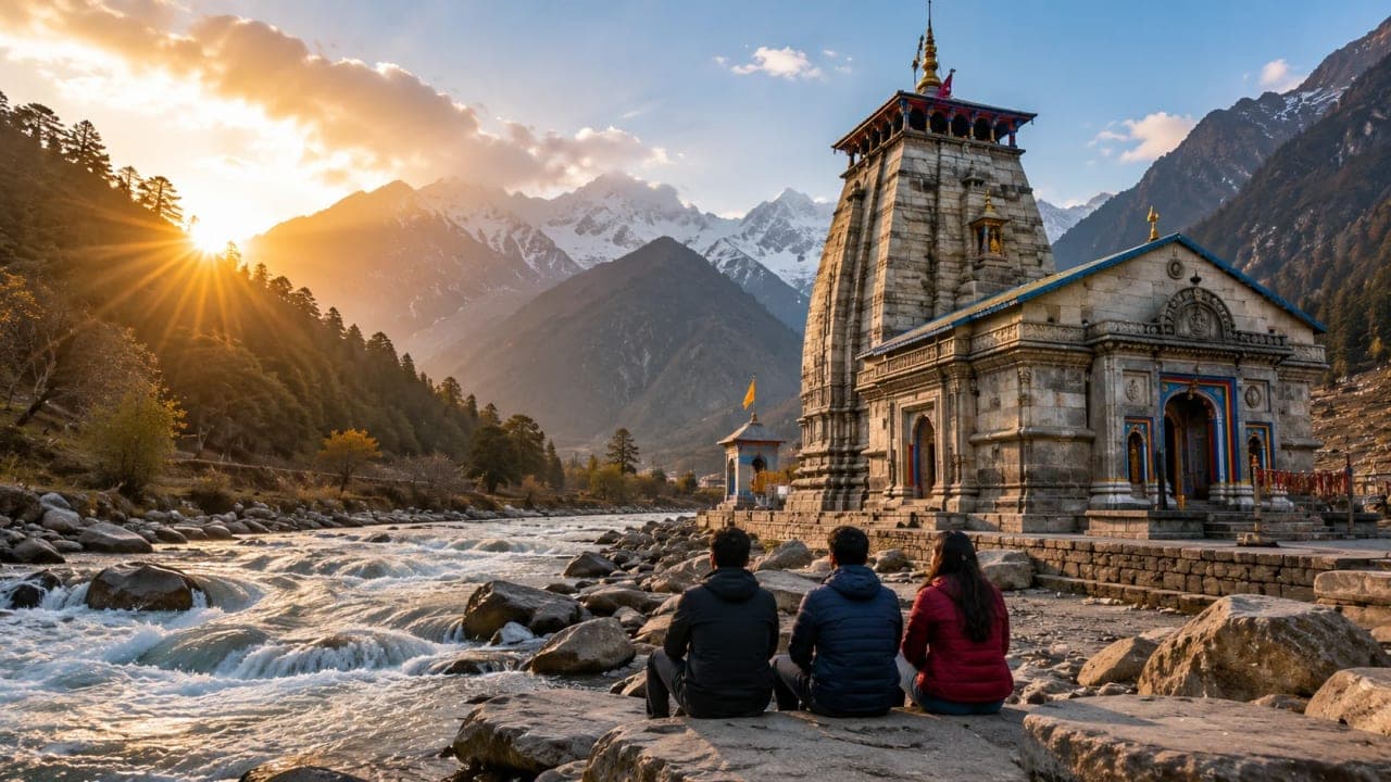 Ancient temple beside a mountain river at sunrise.