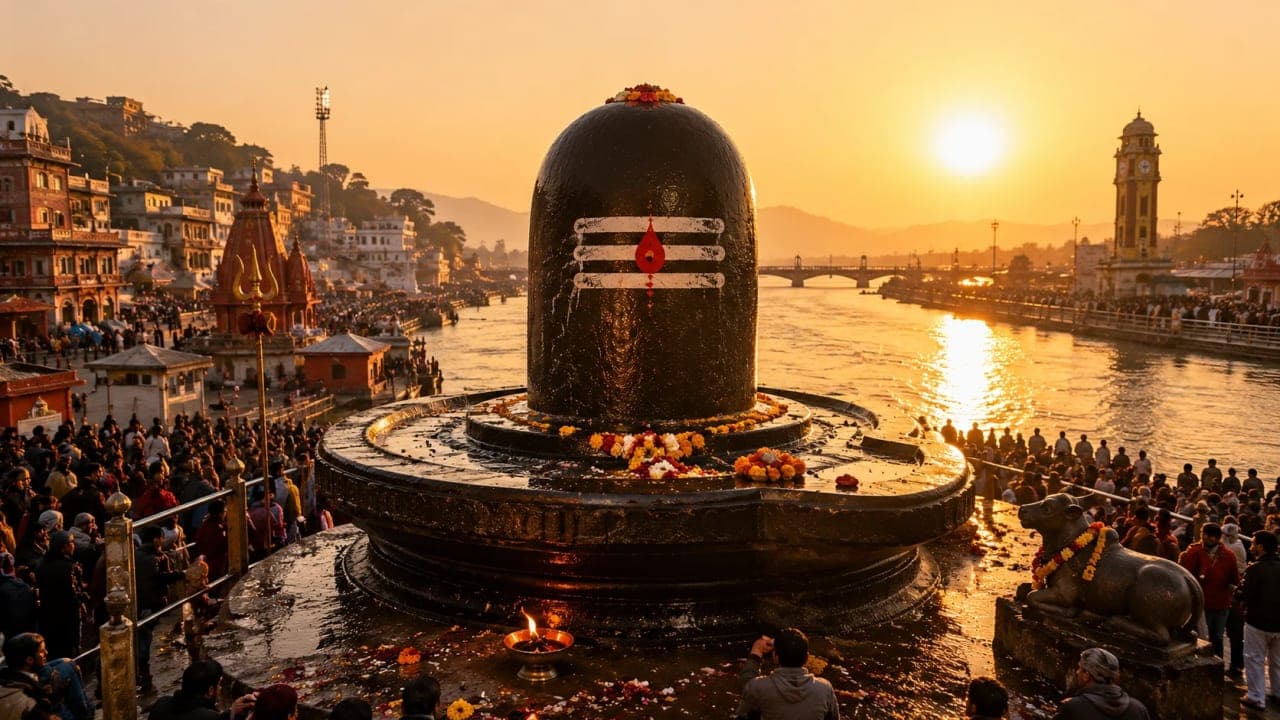 Shivling near a riverbank glowing in sunrise light.