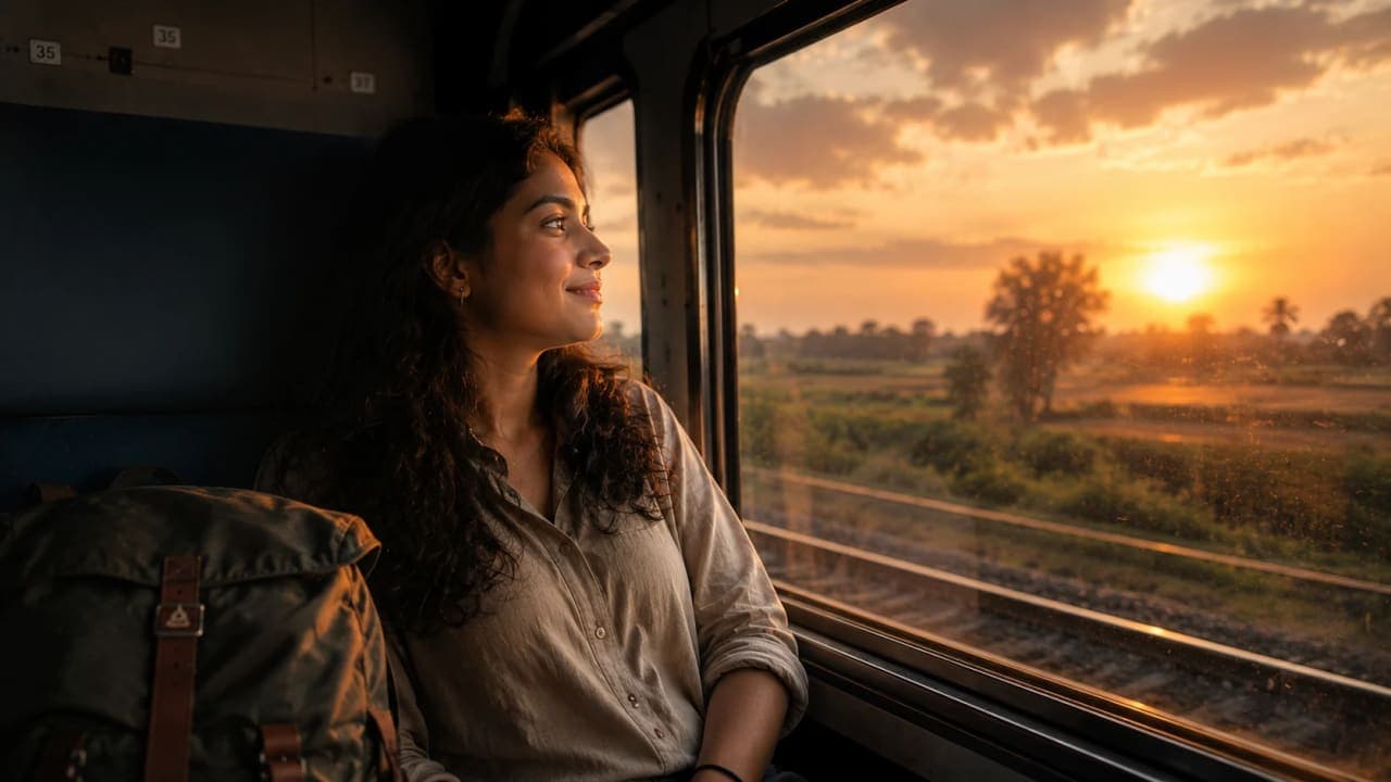 Traveller looking out of a train window at sunset after a trip.