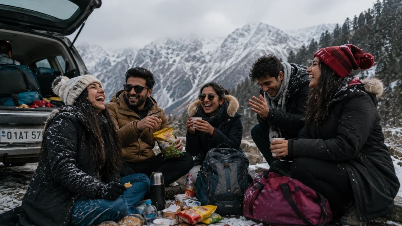 Friends laughing during a chaotic mountain trip with bags and snow.