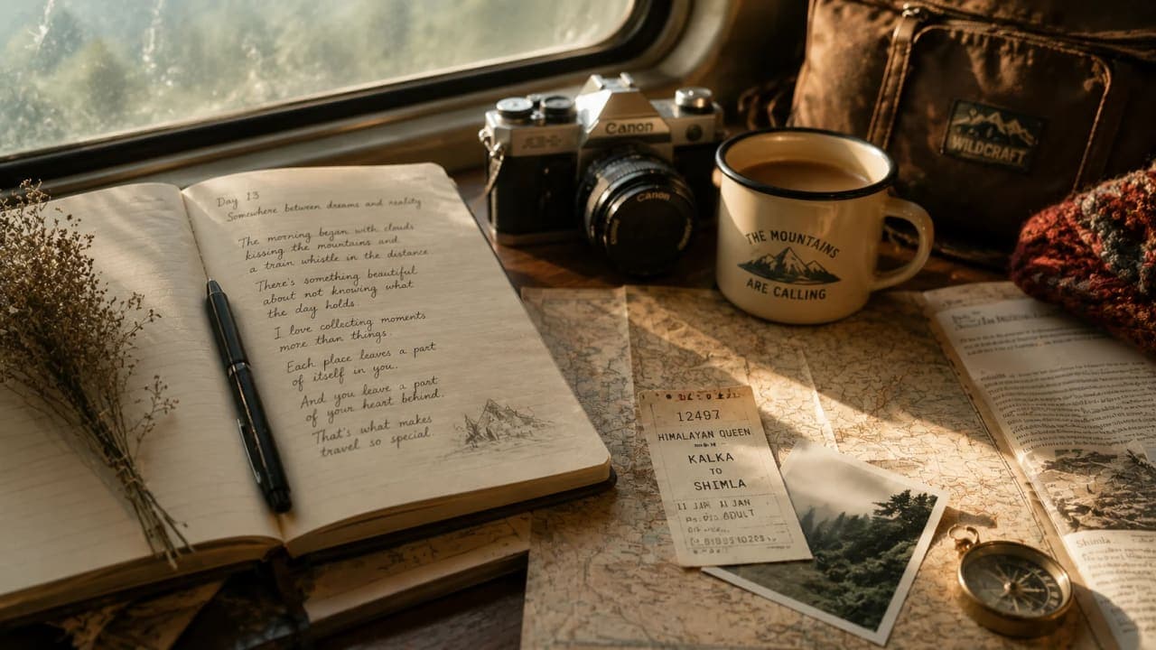 Travel journal with notes, map, ticket and camera on a table.