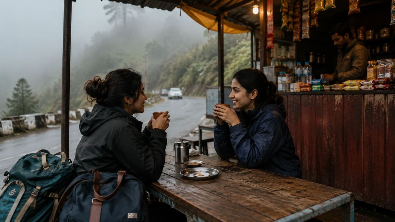 Friends drinking roadside tea during an unplanned travel detour.