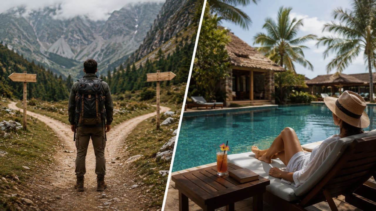 Different styles of travellers choosing between adventure and vacation comfort.