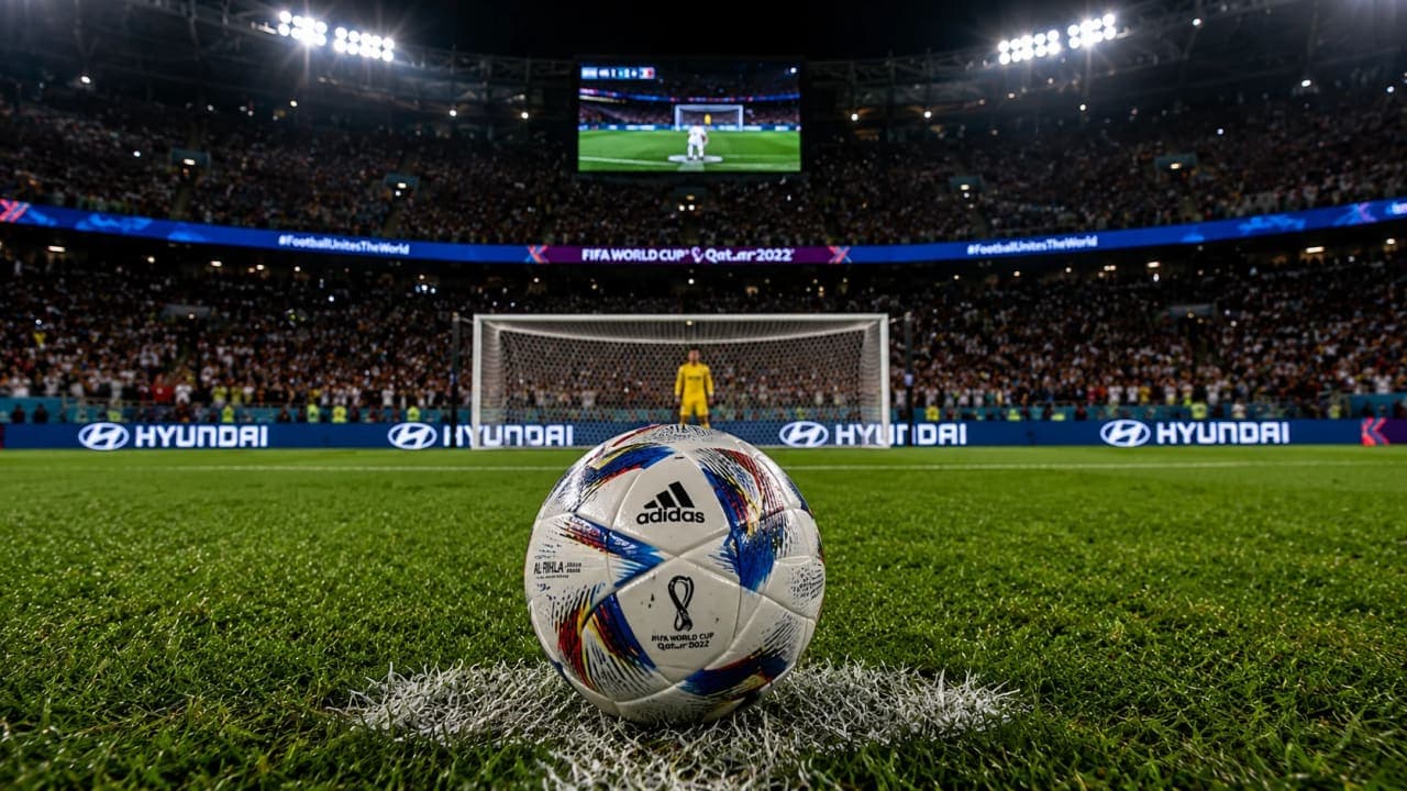 Football on the penalty spot during a World Cup knockout match.