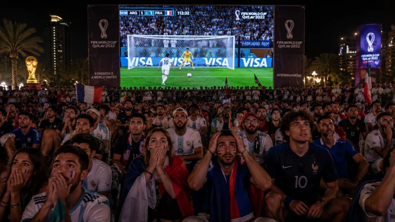 Fans watching a World Cup knockout match on a public screen.