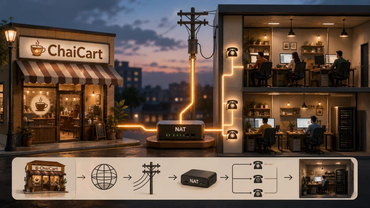 A ChaiCart server with public IP, private network machines, and NAT shown as a shared office phone number analogy.