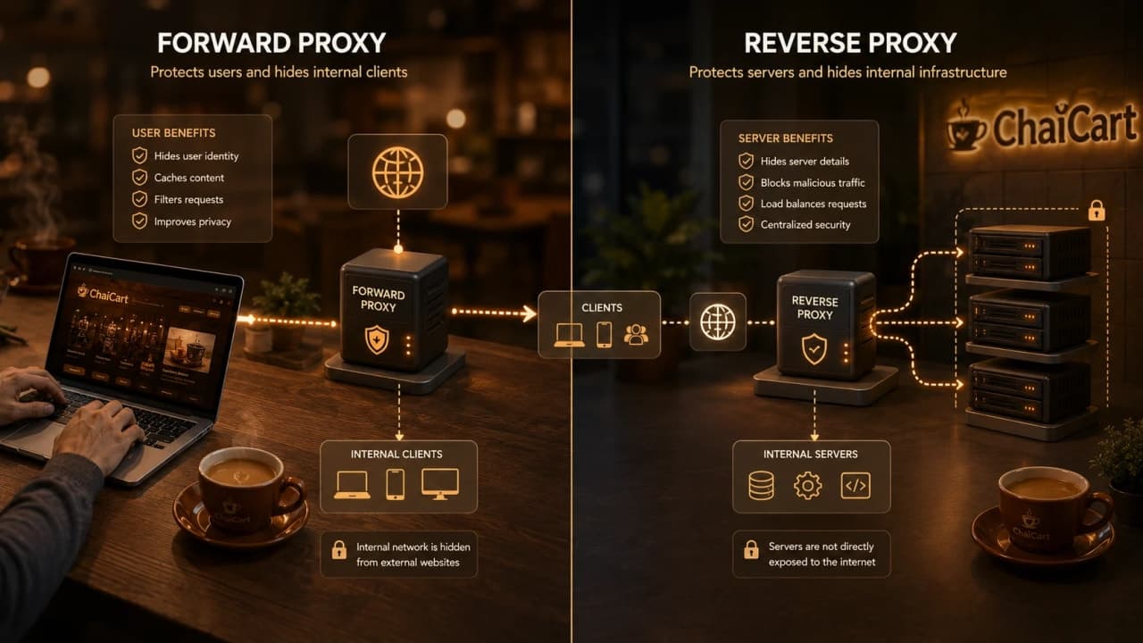 Side-by-side concept scene showing a forward proxy in front of a client and a reverse proxy in front of ChaiCart backend servers.
