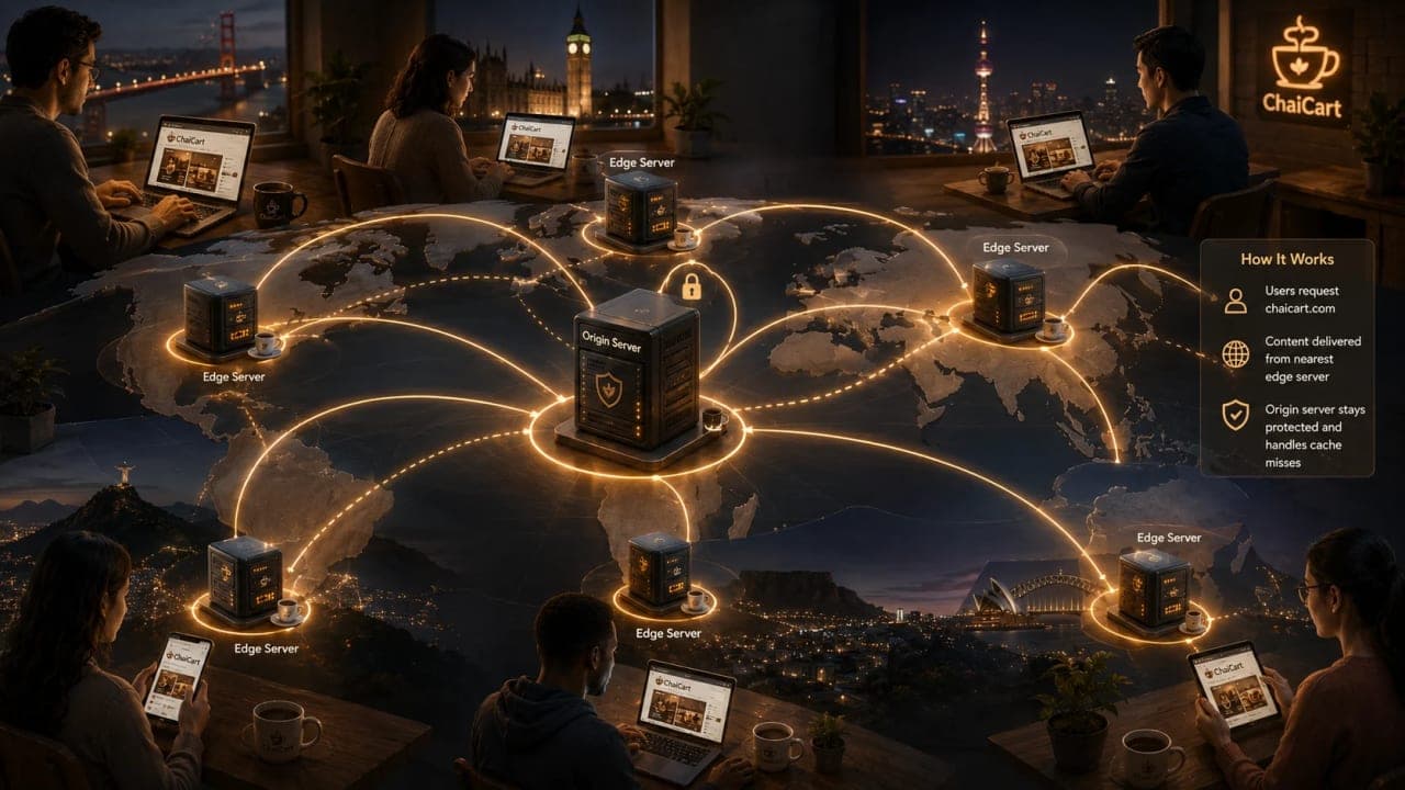 Global users receiving cached ChaiCart assets from nearby CDN edge servers while the origin server stays protected.