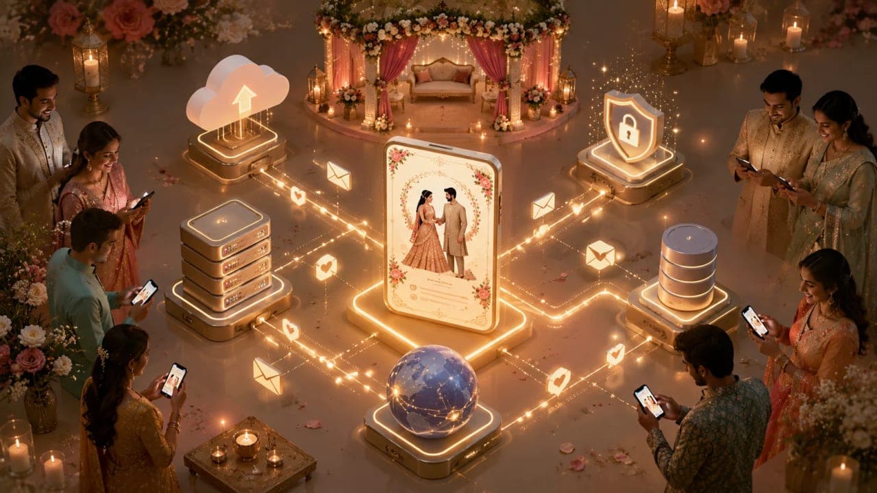 A premium digital wedding invitation being opened by many guests while protocol paths connect browser, edge, API, services, and live updates.