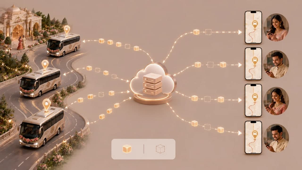 Live wedding bus location updates streaming quickly to guest phones.