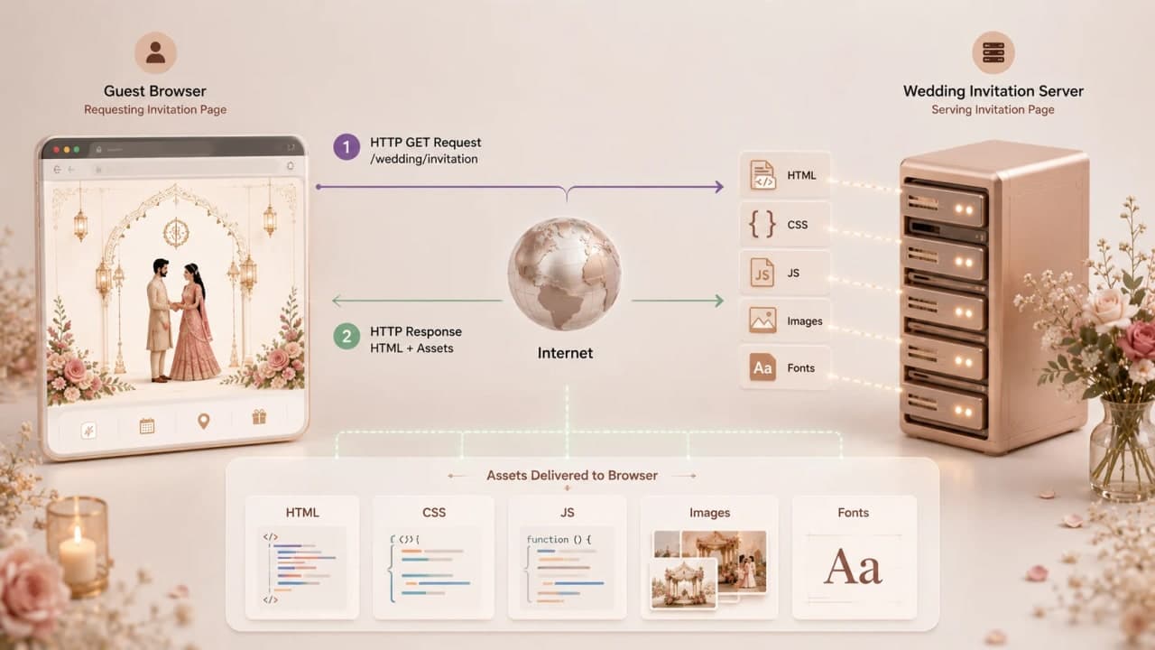 Browser sending HTTP request and receiving HTML, CSS, JavaScript, and JSON.