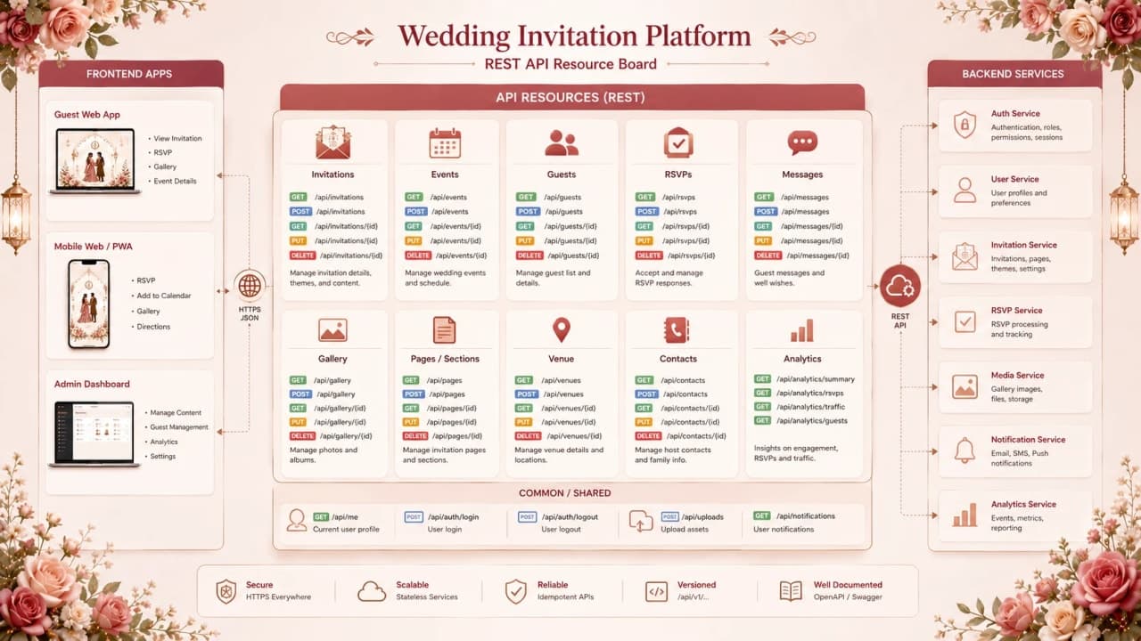 REST resource map for invitations, guests, RSVPs, meals, galleries, venues, and notifications.