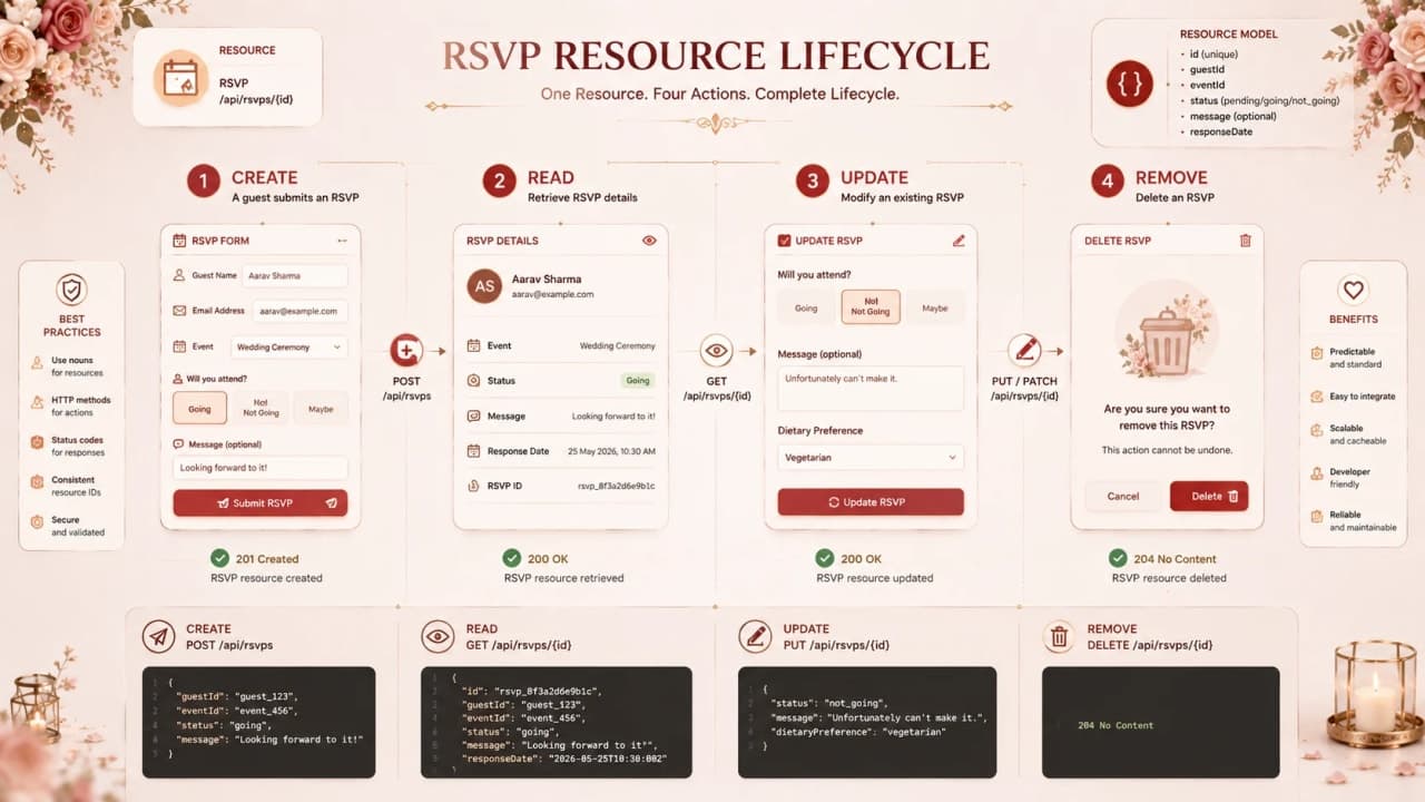 RSVP lifecycle showing GET, POST, PATCH, DELETE actions.