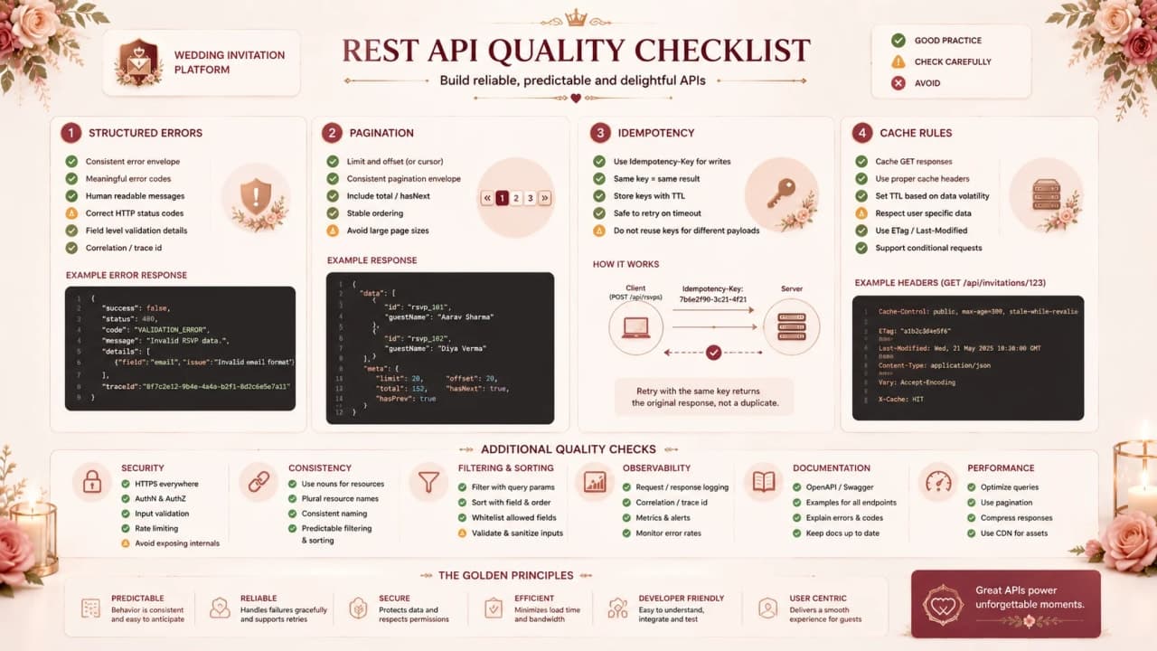 REST API checklist with errors, paginated lists, idempotent requests, and cache controls.