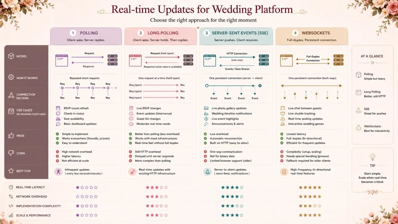 Four real-time options compared for live guest count, chat, dashboard, and shuttle tracking.