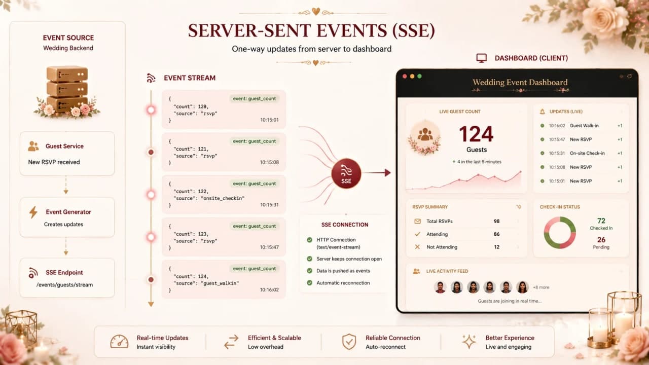 Server-sent events pushing live guest counter and admin notifications.