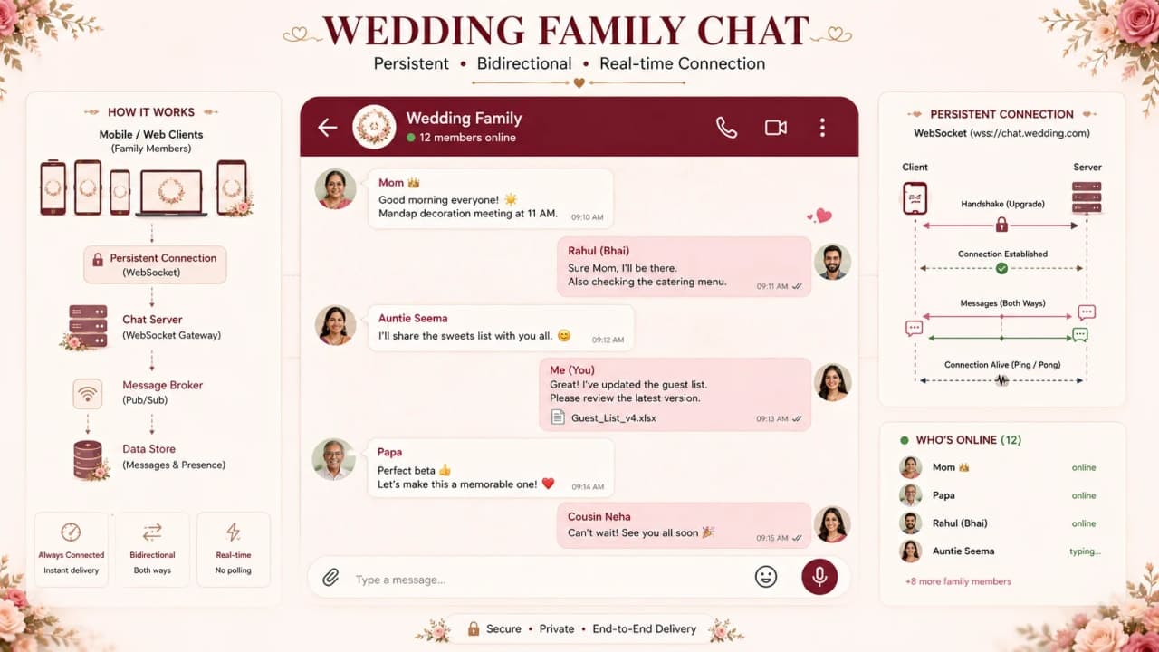 Family chat messages moving both directions over one persistent WebSocket.