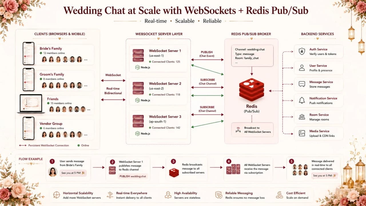Multiple WebSocket servers sharing chat events through Redis pub/sub or broker.