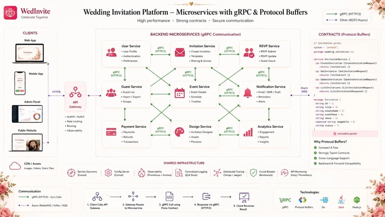 Invitation, RSVP, notification, payment, and analytics services using gRPC and protobuf.