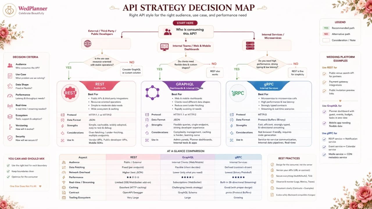 Decision map comparing REST, GraphQL, and gRPC use cases.