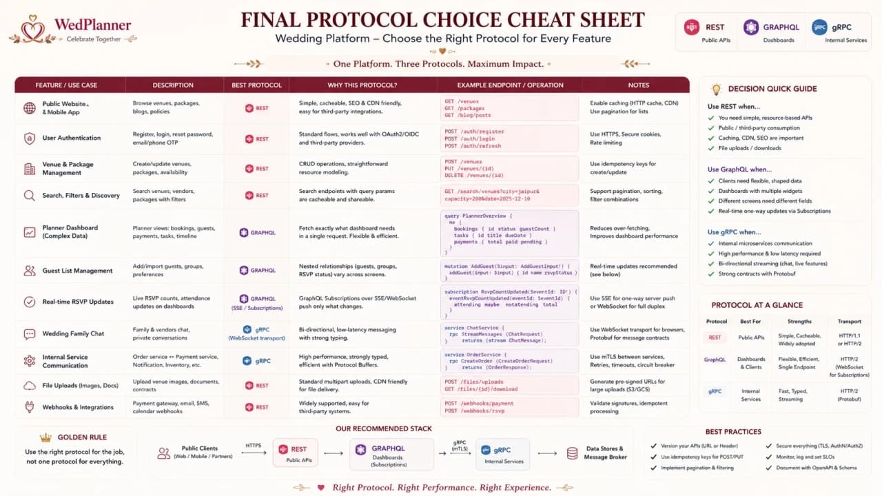 Cheat sheet mapping platform features to HTTP, REST, SSE, WebSocket, GraphQL, gRPC, TCP, and UDP.