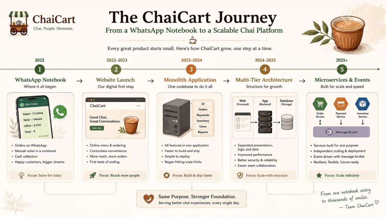 Timeline showing ChaiCart growing from manual orders to monolith, layered app, services, and events.