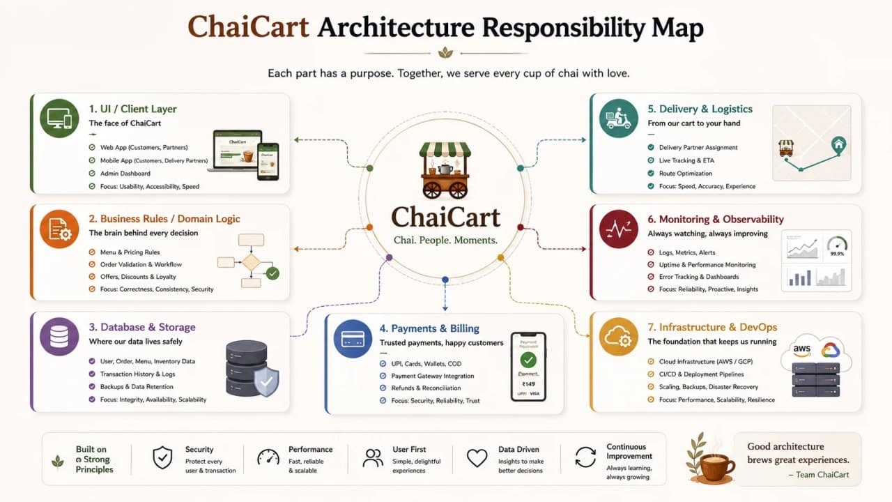 Responsibility map connecting users, UI, business rules, data, integrations, deployment, and operations.