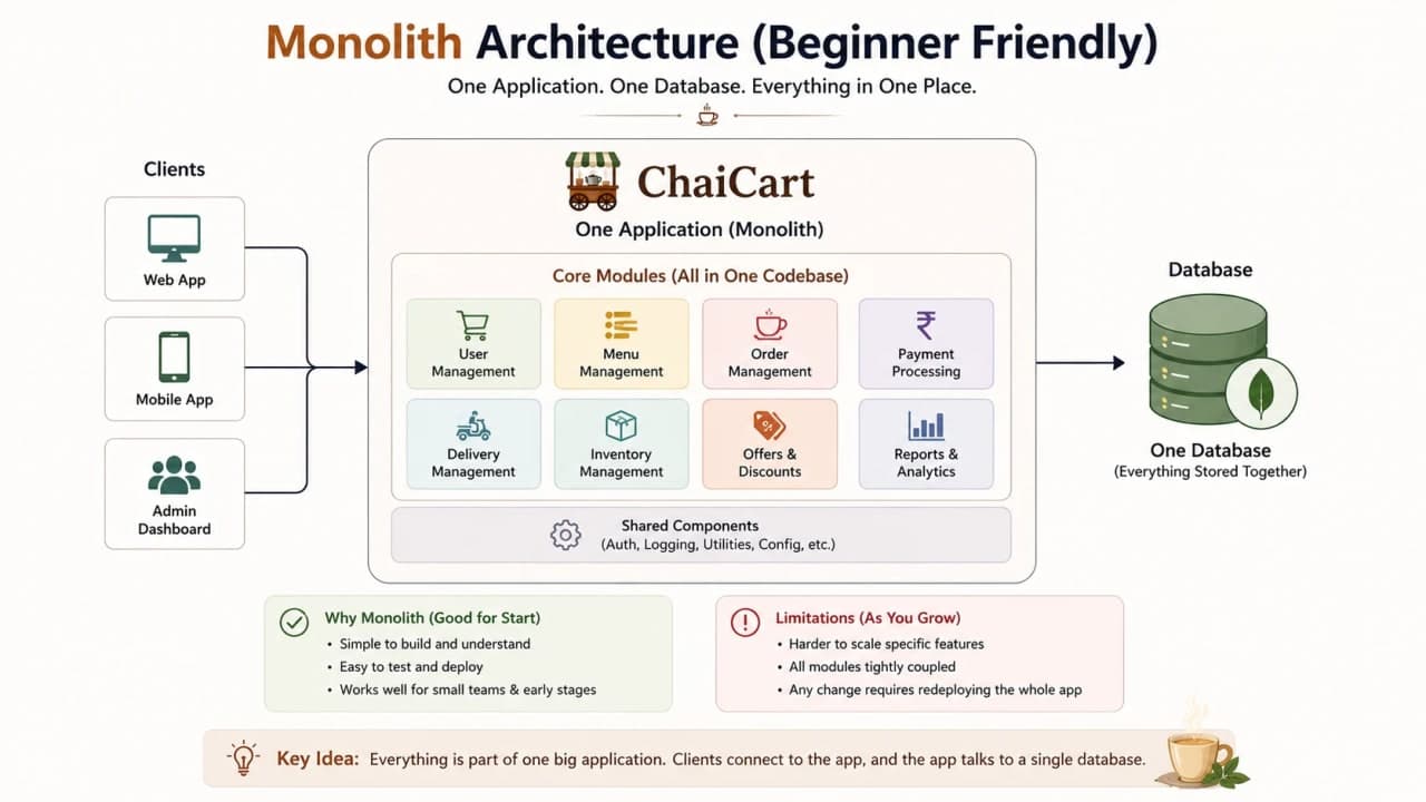 One ChaiCart monolith containing orders, menu, payments, delivery, users, and admin modules.