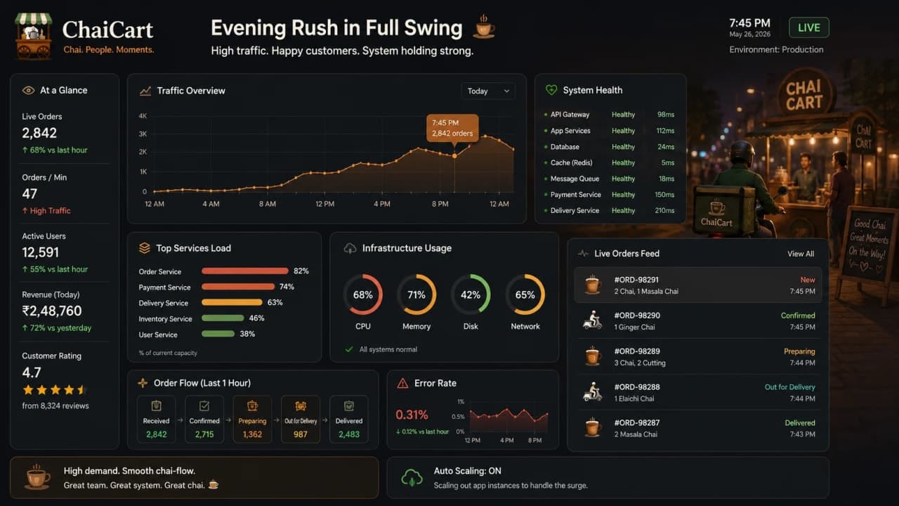 Evening rush dashboard with order spikes, slow checkout, payment retries, and delivery notifications.