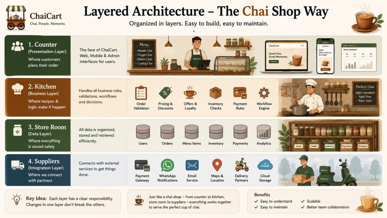 Layered architecture mapped to tea shop counter, business kitchen, data storage, and integrations.