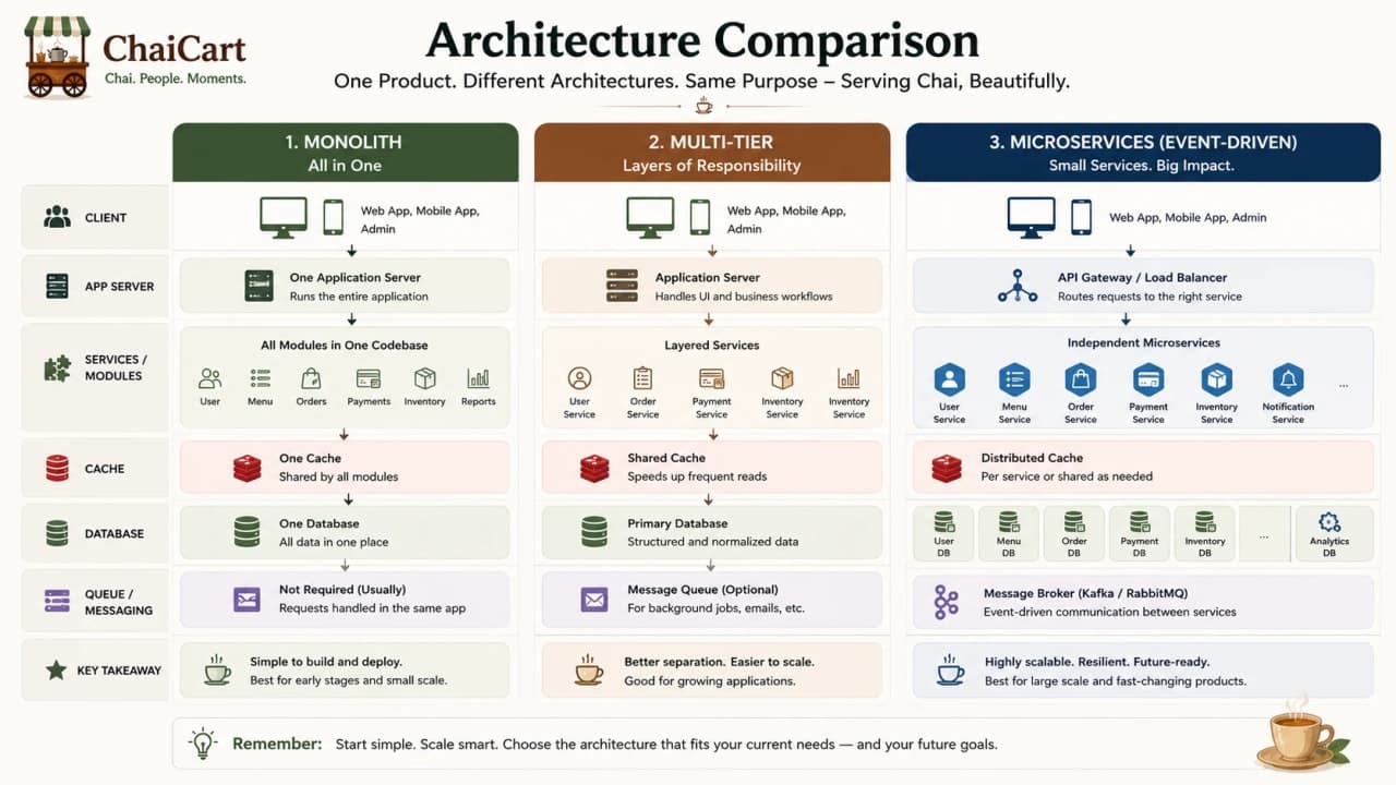 Side-by-side comparison of 2-tier, 3-tier, and N-tier architecture.